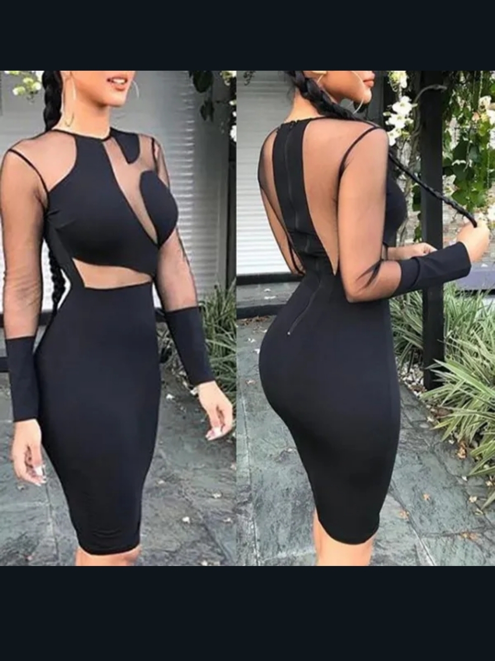 Title (Заголовок):
NEW Sexy Black Mesh Illusion Bodycon Dress - Sheer Sleeves -
